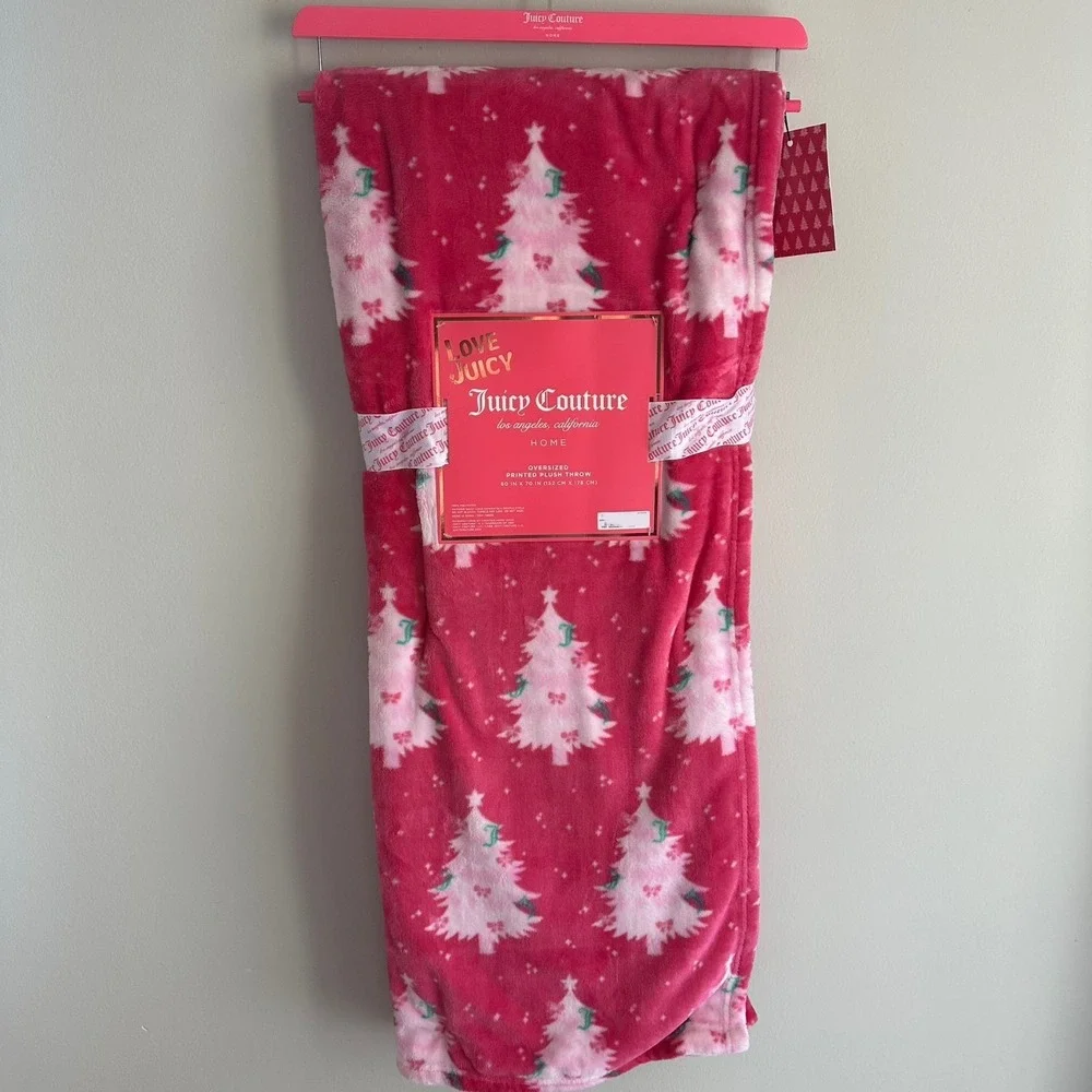 New Juicy Couture Christmas Pink Tree Snowflakes Green Bows Blanket 60x70 Stars